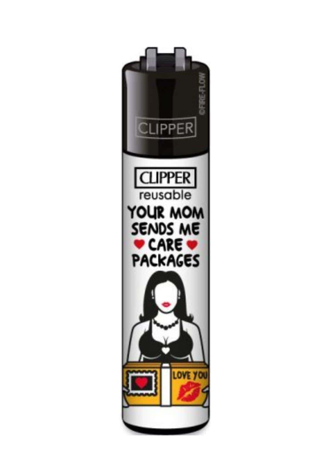 Schwarz-weißes batsquirrel clipper lighter refillable mit comic design frau und text your mom sends me care packages